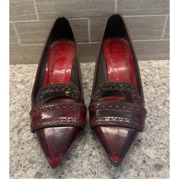 Deep Red Tory Burch Pointed Toe Patent‎ Leather Resoled Kitten Heels *blemishes* - Picture 5 of 10